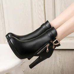 Ankle Boots for Women high heels 2024 New Pointed Toe Women's Boots Simple Black Zipper Boots Fashion Platform Shoes Female