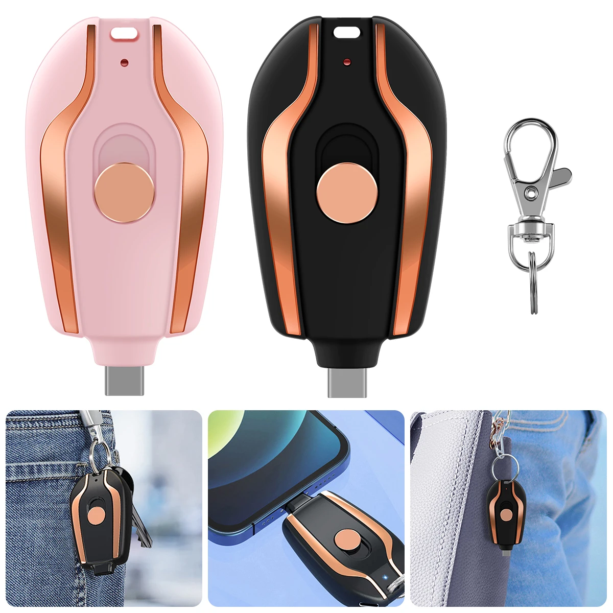 Keychain Portable Charger Compatible with Android 1500mAh Key Chain Phone Charger Type-C Mini Power Emergency Charger Power