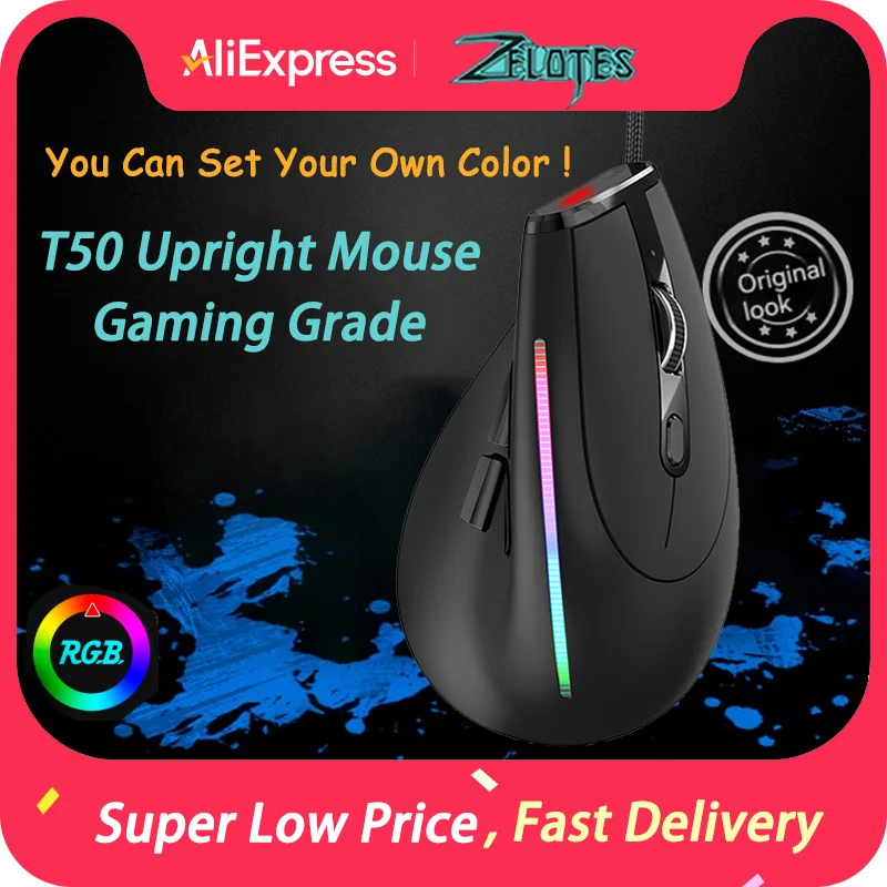 ZELOTES T-50 USB Wired Vertical Optical Mouse 9 Buttons RGB 12800 DPI Adjustable For PC Computer Gaming Computer Accessories