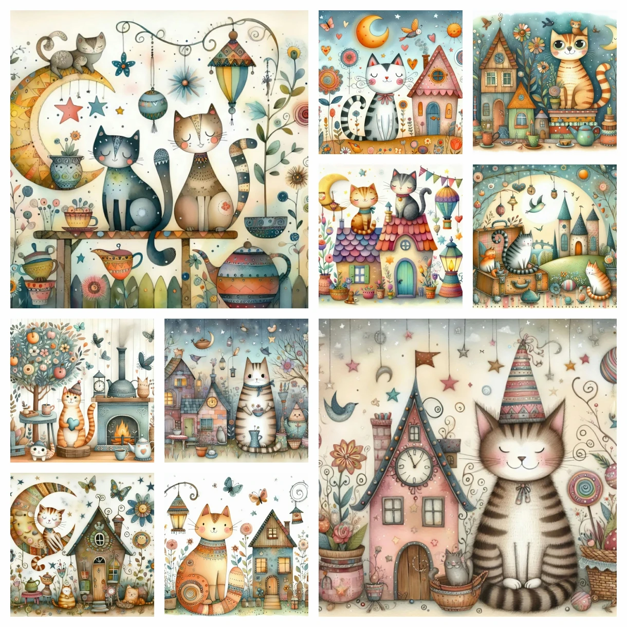 Cartoon House Colorful Diamond Painting Set Cat Tree Cross Embroidery Rhinestone Mosaic DIY Art Designer Home Decoration Gift