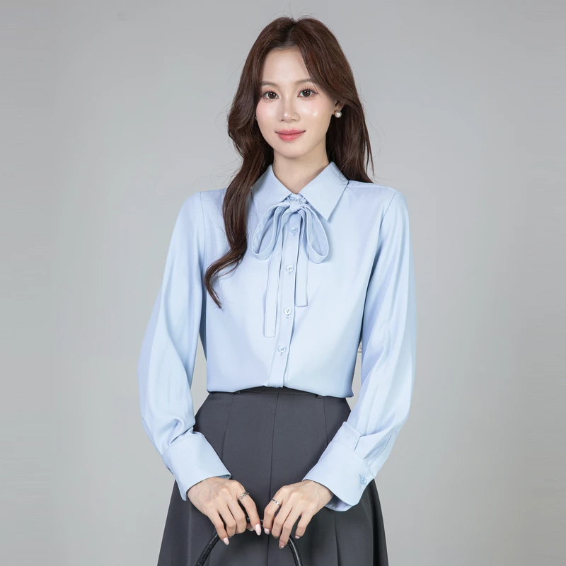 

Casual Women's Blouses Solid Office Lady Shirts Fashion Loose Summer Korean Version Clothing Long Sleeved Chiffon Bow Women Top