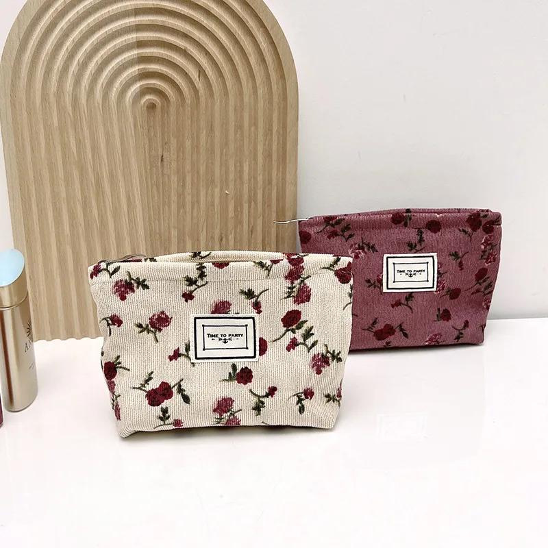 New Vintage Floral Corduroy Makeup Bag Portable Clutch Cosmetic Storage Bag Sanitary Napkin Pad Organizer Key Coin Purse Pouch