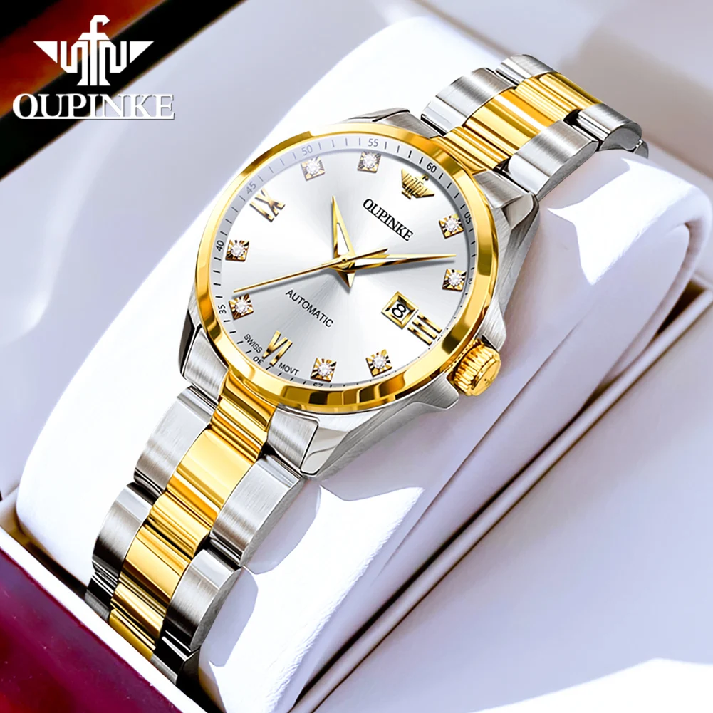 Original OUPINKE 3199 Swiss Automatic Mechanical Watch for Women Real Diamond Sapphire Mirror Ladies Watch Bracelet Set Gift NEW