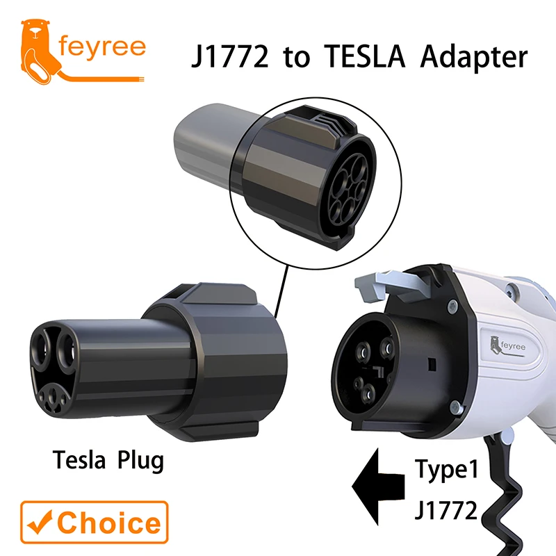 feyree EV Charger Adapter J1772 to Tesla Socket 60A 250V from J1772 Type1 to Tesla Adapter for Electric Car Tesla Model 3/Y/S/X