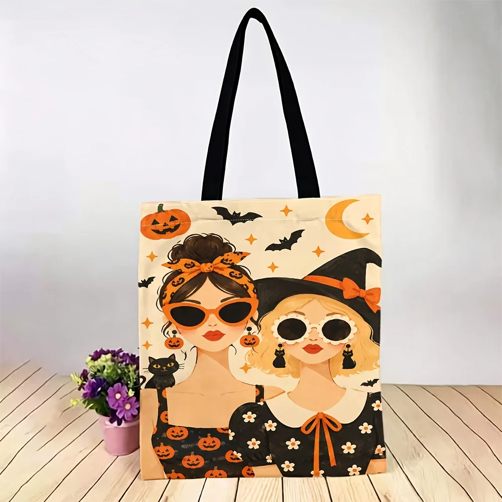 1pc 2D Printed Halloween Pumpkin Witch Pattern Shoulder Bag Tote Bag Multifunctional Trendy Lightweight Women's Shoulder Bag