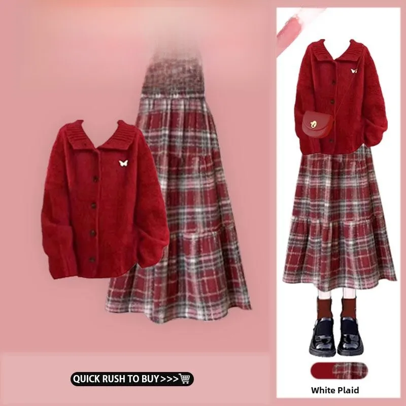 

Красный кардиган с отложным воротником и юбка в клетку: женский вязаный комплект для осени и зимы в стиле Lazy Fashion