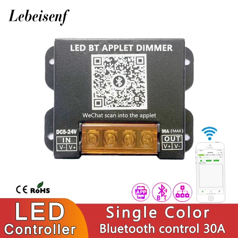 30A Single Color LED Dimmer Controller DC 5V 12V 24V Smart Bluetooth APP PWM Dimming for Monochrome Strip Lights Fixture Modules