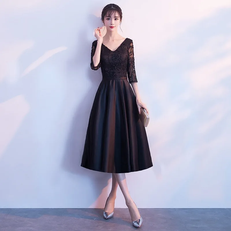 

Elegant Mid-Length Black Dress Women's Summer Party Gown Slimming Evening Dress Suitable for Wedding Company Dinner Performance