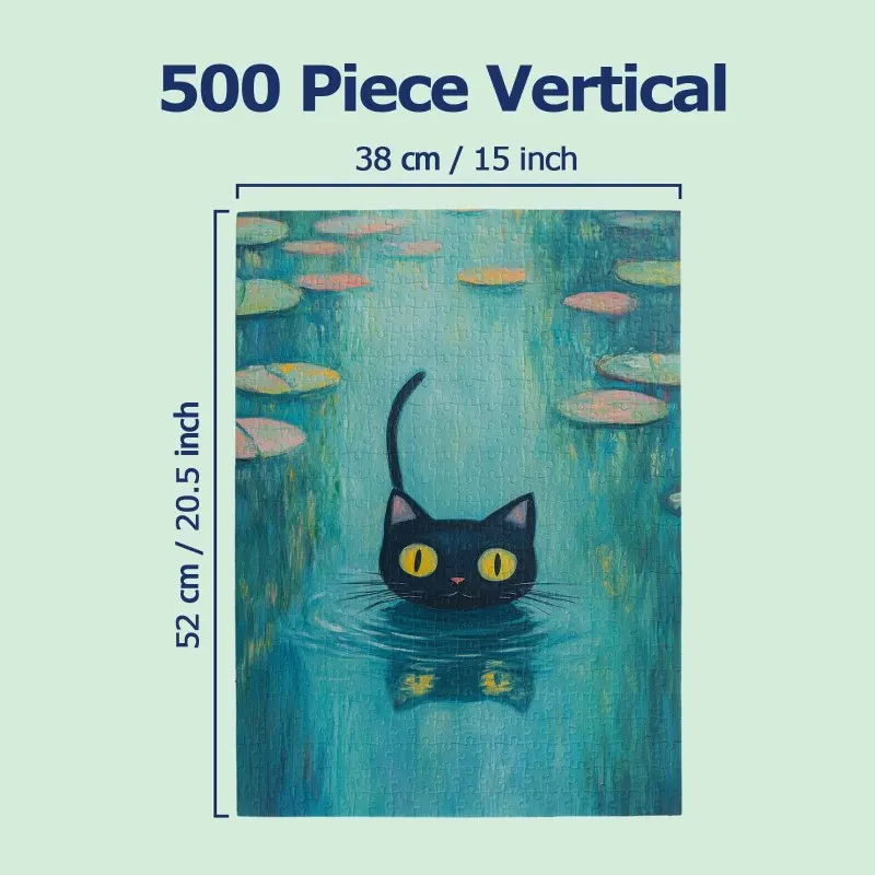 Quebra-cabeça de 500 peças para adultos - Gato preto em nenúfares, arte impressionista caprichosa Quebra-cabeça