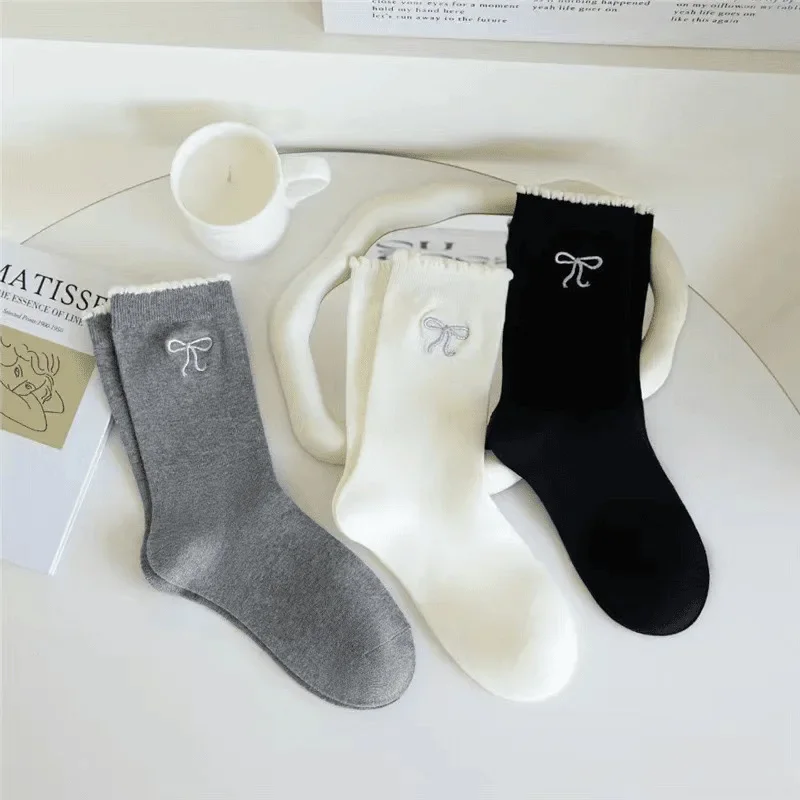 1/3 женские весенне-осенние носки средней длины с кружевным бантом, противоскользящие, впитывающие пот, простые удобные повседневные носки с защитой от запаха