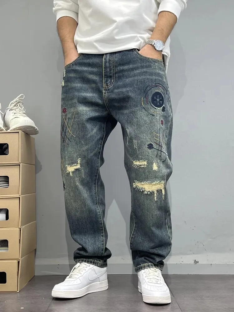 

Retro American Street Sle Printed Jeans Men's Loose Straight Leg Long Trousers High Street Trend Brand Haome Pants