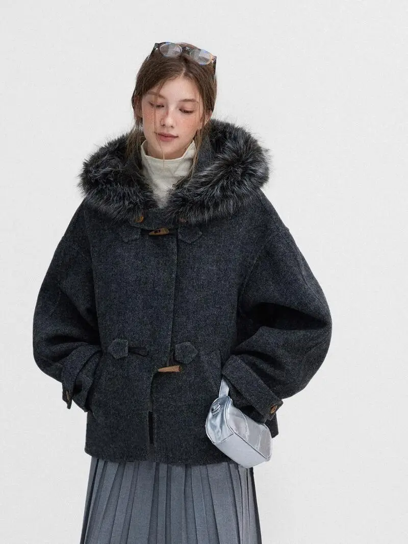 

Женское зимнее пальто, верхняя одежда, серое зимнее пальто в стиле ретро для девочек, элитное шерстяное пальто с капюшоном и нерегулярной планкой, женская зимняя верхняя одежда