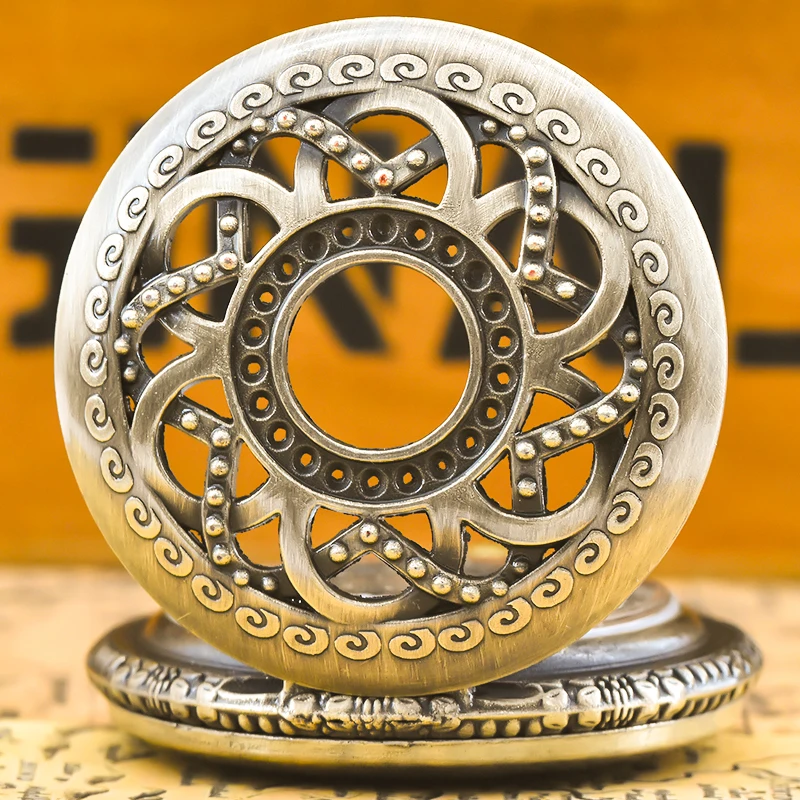 Retro Bronze Steampunk Openwork Flower Flip Quartz Boys' And Girls' Necklace Commemorative Pocket Watch