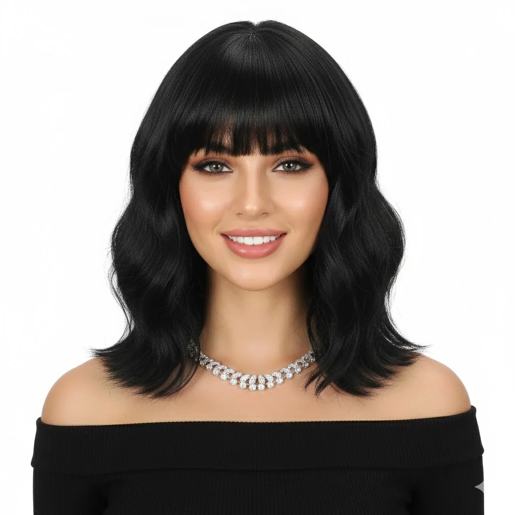 

Парик Bob Wavy для женщин, черный, короткий, кудрявый, с челкой, длиной до плеч, синтетический, реалистичный, термостойкий