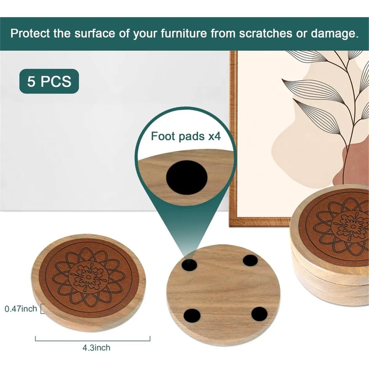 5 Pack Wood Coasters for Drinks, Absorbent Coaster Set, Drinks Coasters for Coffee Tabletop Protection 4.3 Inch Brown