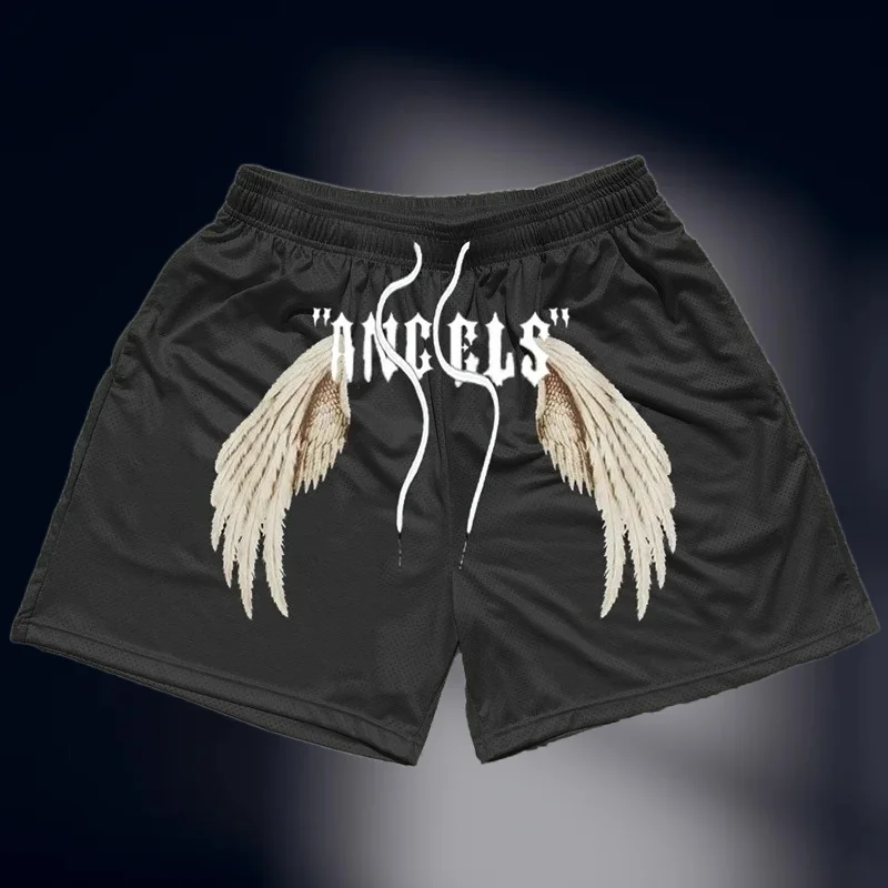 

Christian Workout Gym Shorts for Men Angel Cross Print Quick Dry Breathable Shorts with Pockets Athletic Fitness Running Jogging