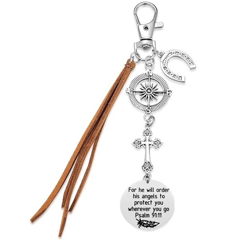 Western Horse Riding Amulet Keychain for Women Men,  Psalm 91:11, Bible Verse, Guardian Angel Religious New Driver Gifts for Him