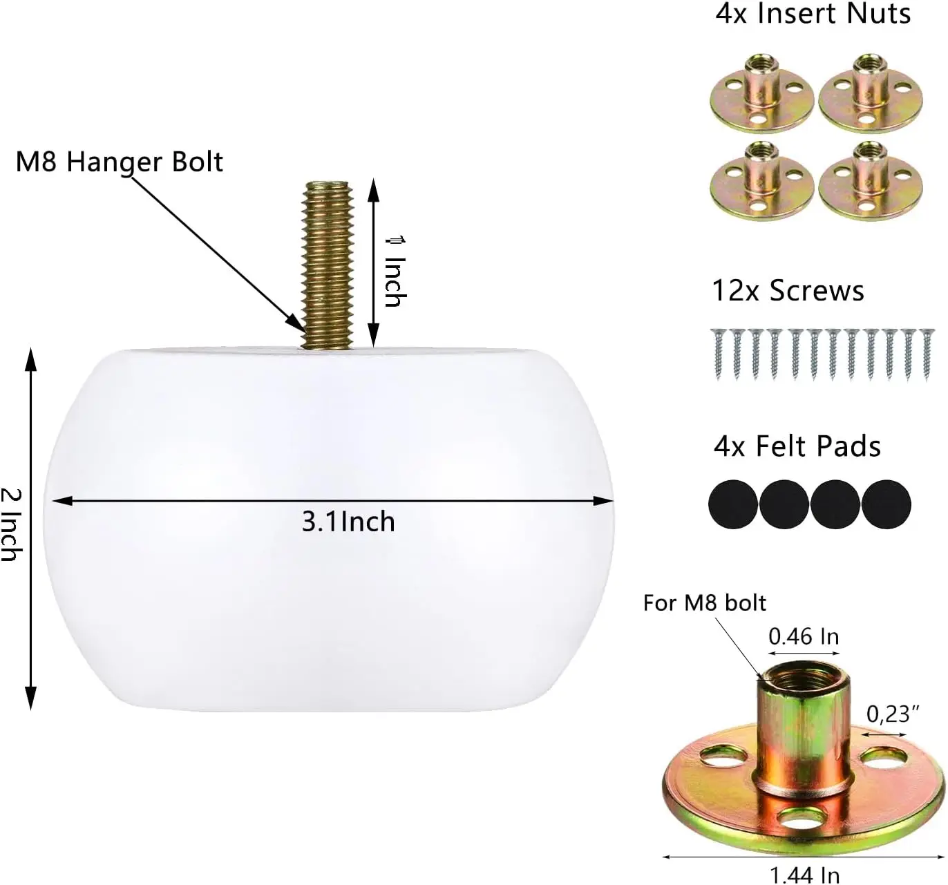 2 Inch Bun Feet White DIY Round Wood Furniture Legs Set of 4 Replacement Legs for Couch Sofa Ottoman