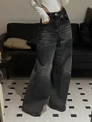 HOUZHOU-pantalones vaqueros negros de pierna ancha para mujer, ropa de calle Vintage de gran tamaño, Pantalones vaqueros de cintura alta, holgados Y2k, Grunge coreano, Retro