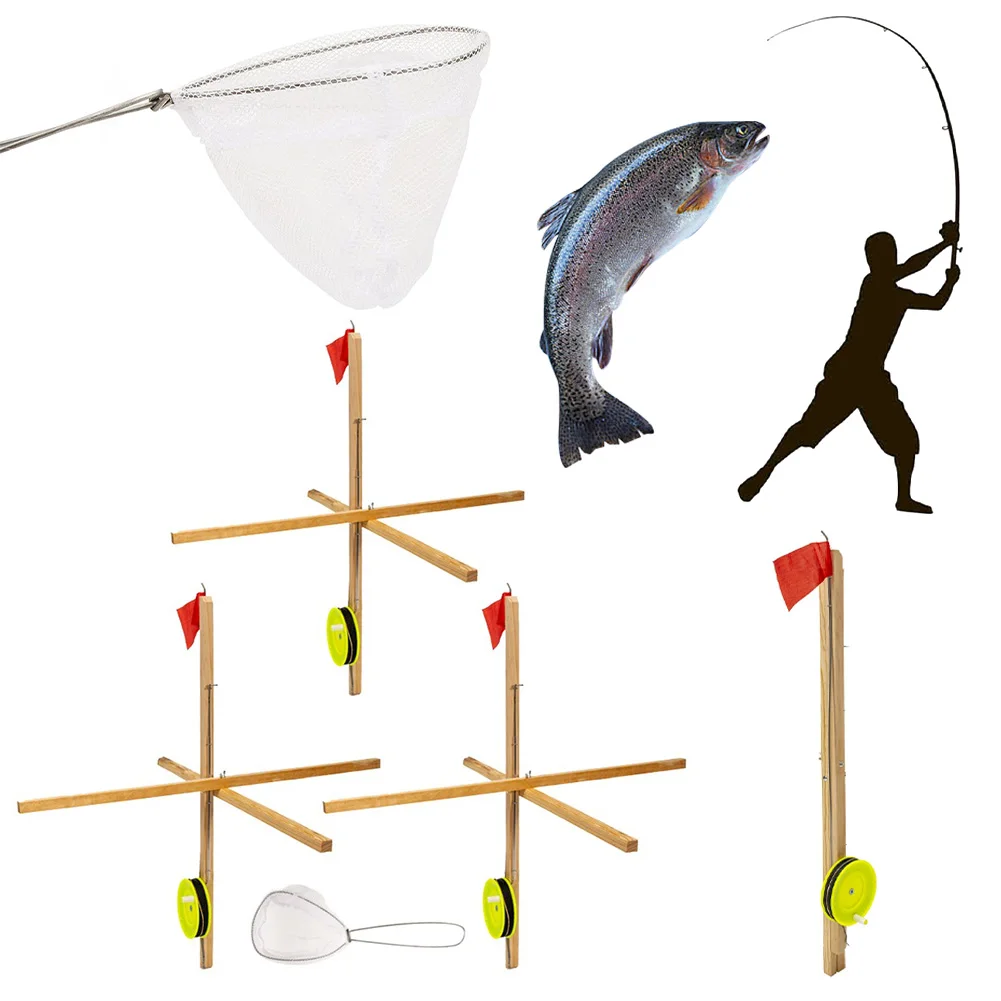 3 Pack Winter Ice Fishing Rod Tip Up with Spoon Net Winter Fishing Flag Wooden Fishing Platform Portable Fishing Tools