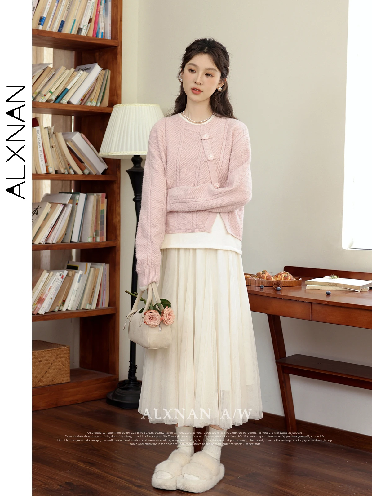 ALXNAN A-line Mesh Pleated Skirt for Women 2024 Spring Autumn Elastic Waist Comfort White Midi Skirts Female Clothing LXN21751