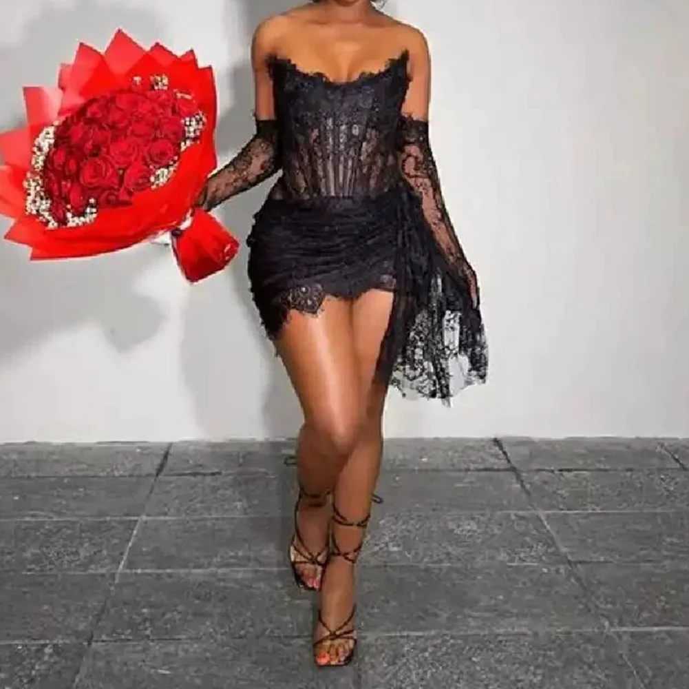 

Sexy tube top elegant lace stitching beaded waist ladies short skirt with gloves dress 2025 new-GZXX792