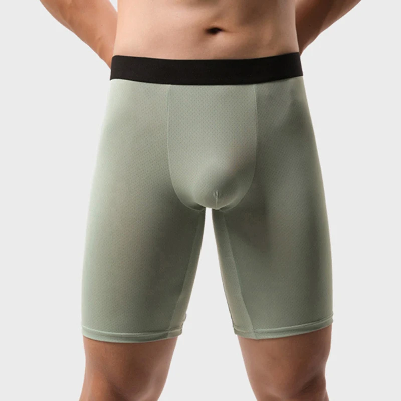 

Мужские шорты-боксеры большого размера с длинными штанинами, нижнее белье из ледяного шелка, тонкие быстросохнущие удлиненные трусы, дышащие сексуальные трусики с защитой от крапок