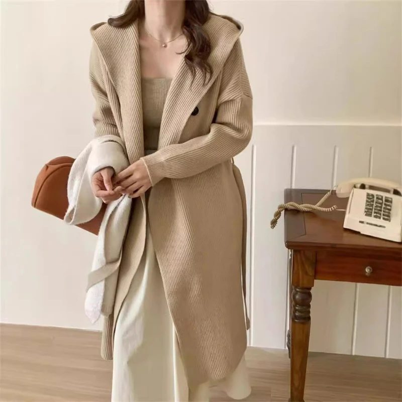 

Women Jumpers Cardigan Hoodies Thick Sweaters Full Sleeve Splice Elegant Midi Length Coats Streetwear Outwear Autumn Winter