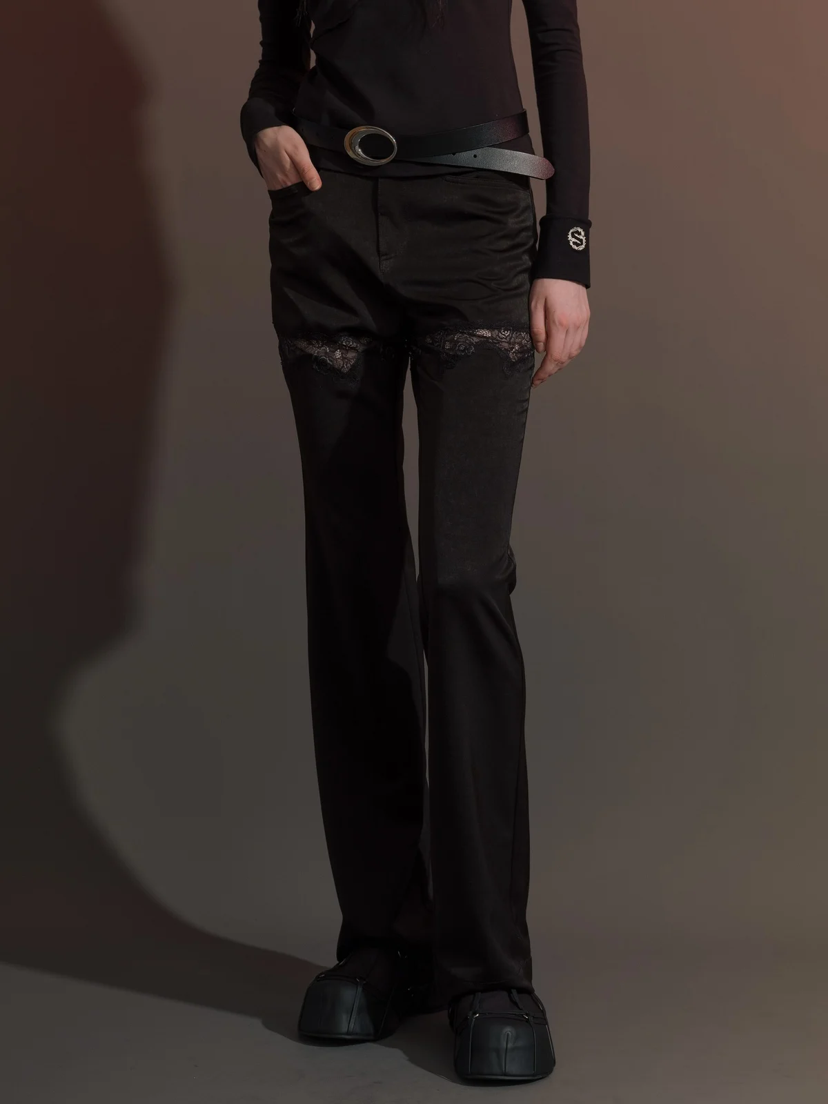 

SUSUAN Bla Lace Splicing Hollow out Straight Leg Pants Long Pants Women Versatile Casual Trousers l Waist Polyester...