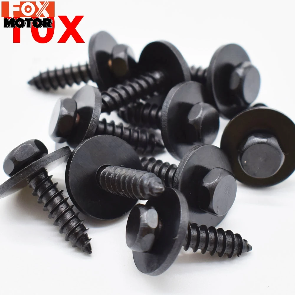 10pc 5mm License Plate Screws Universal Car Auto Self-Tapping Screw Bolt Hex Washer Head Black Car Accessories