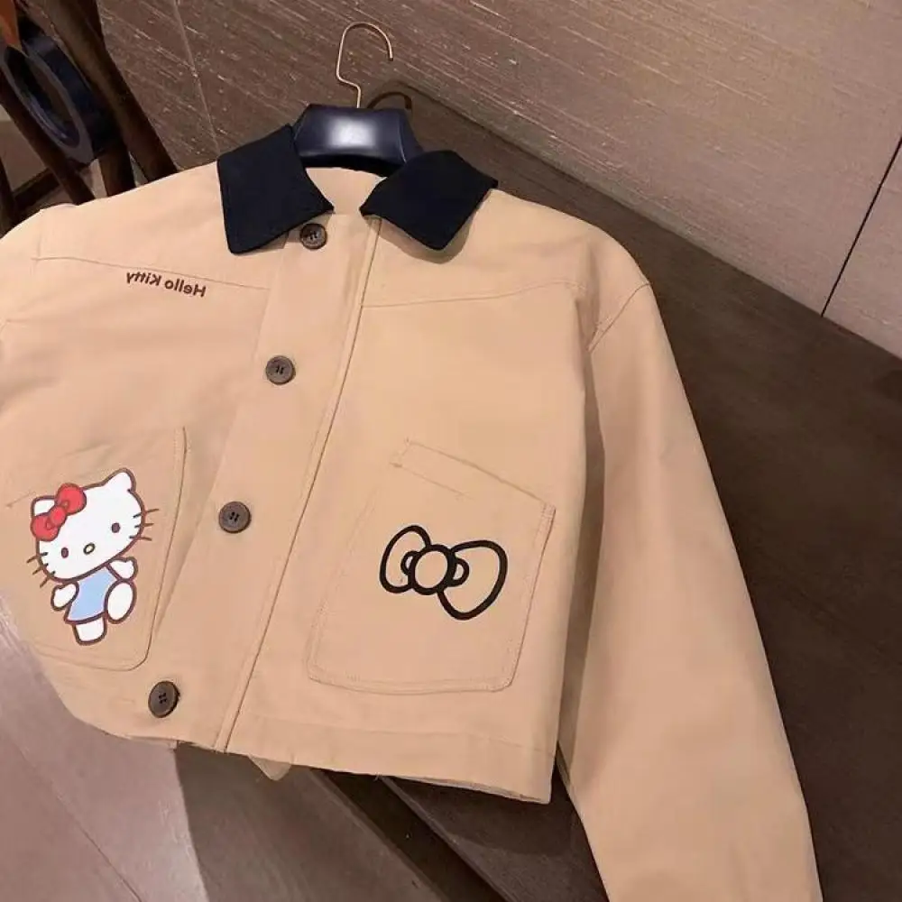 

Kawaii Hello Kitty Coat Sanrio Women Autumn Jacket Tops Student Anime Fashion Lapel Tops Loose Fit Cartoon Streetwear Fashion