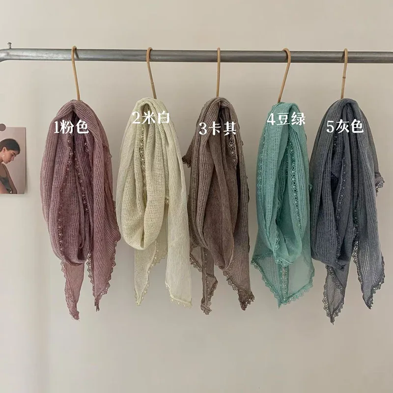 

Шарф в японском и корейском стиле, милый однотонный винтажный богемный шарф с кружевной отделкой из хлопка и льна для женщин на осень.