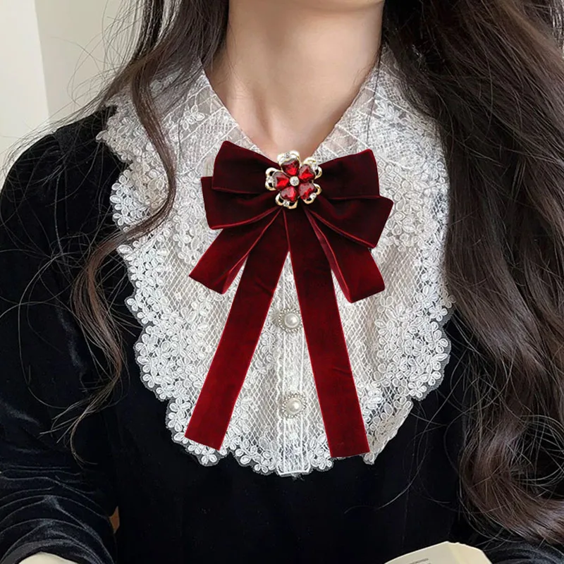 

Женские бархатные галстуки-бабочки с крупным бантом, ручной работы, со стразами, винно-красные, черные, корейские аксессуары для одежды, цветы для воротника рубашки в студенческом стиле