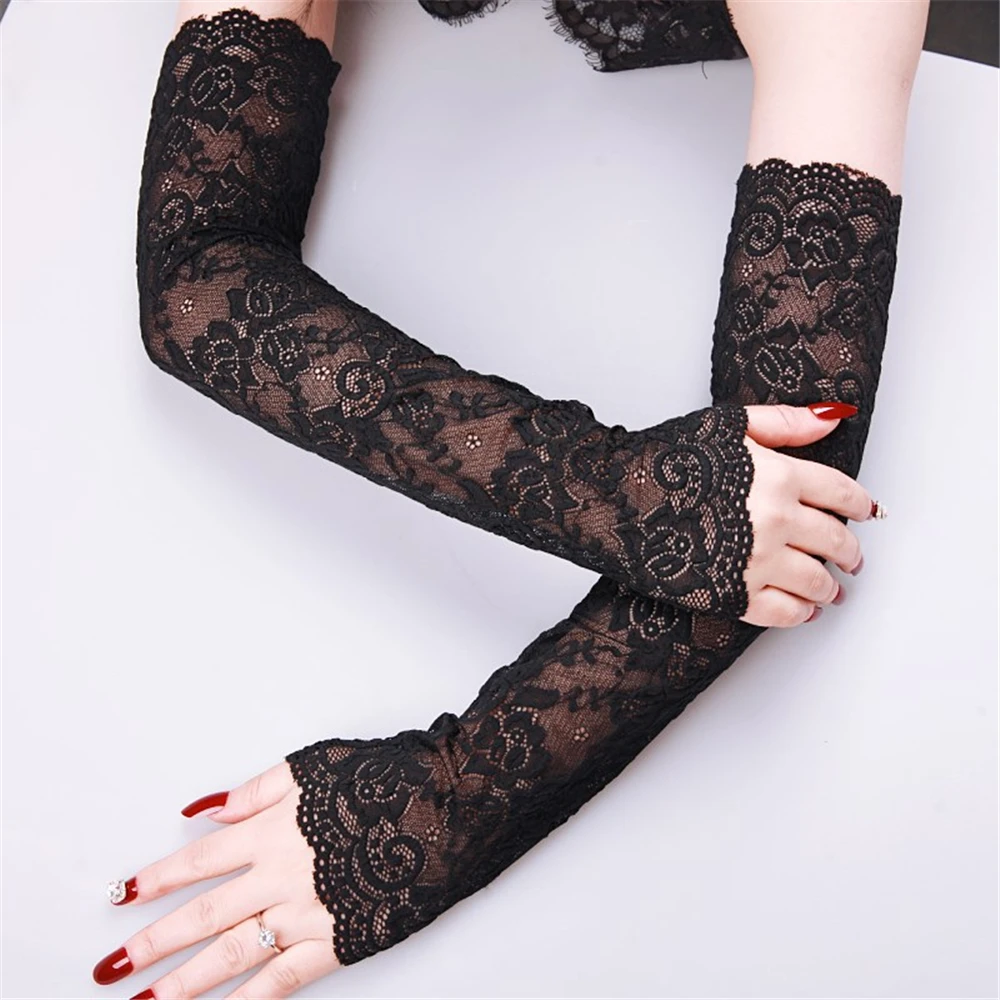 1Pair Fashion Lace Arm Cover Classic Summer Sunscreen Ice Arm Cuffs Arm Sleeve Mittens Fingerless Driving Gloves UV Protection