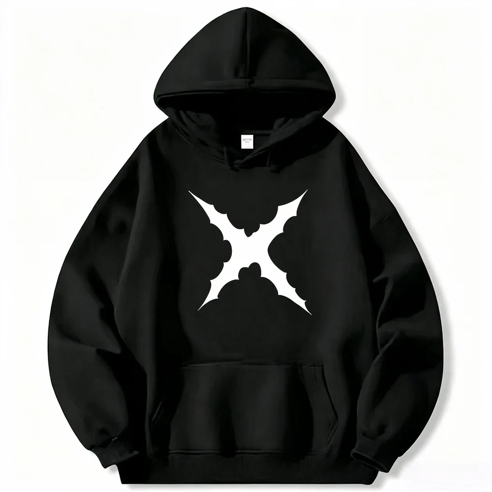 White Abstract X Shape Graphic Hoodie Unisex Drawstring Hooded Sweatshirt Kangaroo Pocket Oversized Casual Street Top