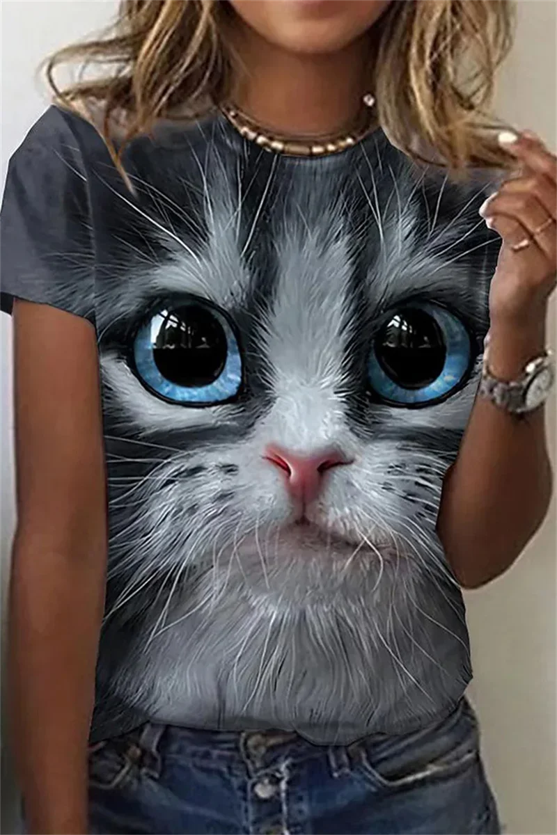 

New Summer 3D Printing for Women Cute Cat Fashion Tee 2024 New Harajuku Animal Short Sleeve Oversized Clothing Camiseta