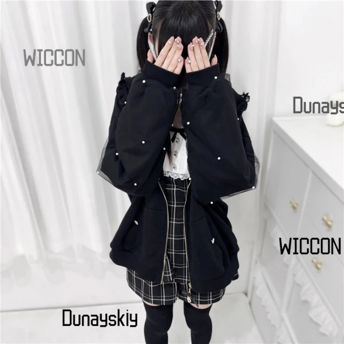 Jirai Kei Japanese Bunny Hoodie Y2K Rabbit Ear Cosplay Costumes Lolita Jacket Bow Pearl JK Lace Kawaii Zipper Cardigan Top view 6