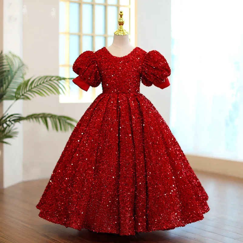 Robe longue rouge à fleurs pour filles, en tulle pailmétrage, robe de première communion, de reconstitution historique, de fête d'anniversaire