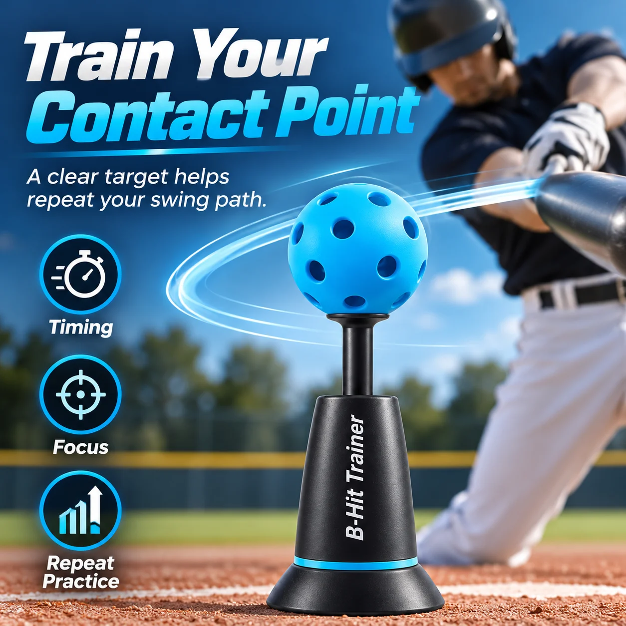 Sports Tee Popper Baseball Hitting Trainer, Portable Batting Practice Aid with Blue Ball, Solo Swing Training for Home and Field