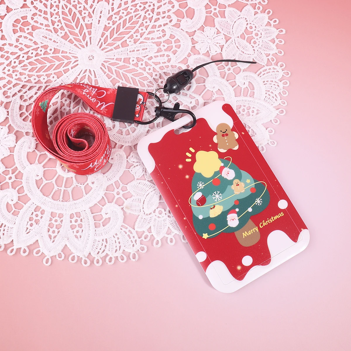 Christmas Card Holder with Lanyard Cartoon Santa Snowman Reindeer Tree ID Badge Case Neck Strap for School Office Holiday Gift