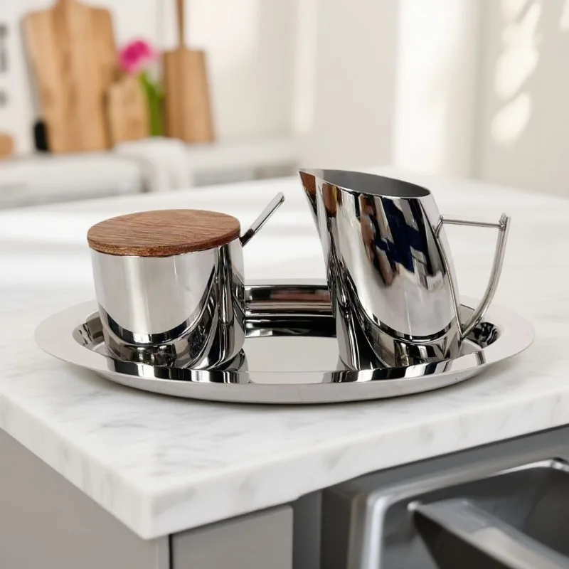 Stainless Steel Sugar Container Pretty Three Piece Modern Kitchen Sugar Bowls Portable Candy Jar Milk Cup Kitchen Storage Jars