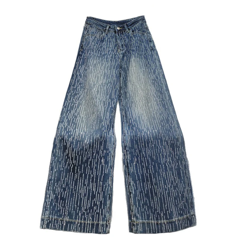 WTHT Trendy Women's Wash Diamonds Straight Jeans 2026 Spring Fashion New High Waist Wide Leg Denim Pants Female 1LS2856