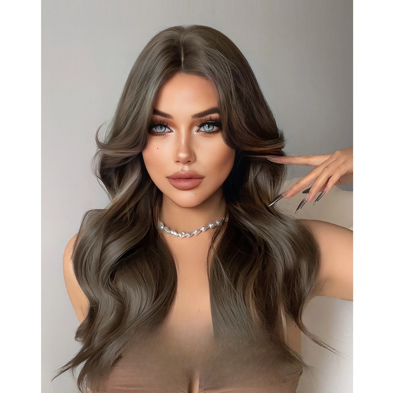 

Европейский и американский парик, женские длинные вьющиеся волосы, холодный коричневый, средняя челка, модная JK, реалистичная кожа головы, химическое волокно, полный головной убор