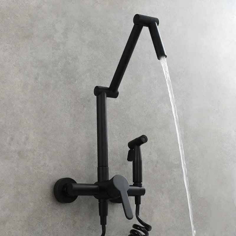 

Fodable Kitchen Faucet Brass Black Sink Mixer Tap Hot & Cold Wall Mounted With Spray Gun Rotating Sink Mixer