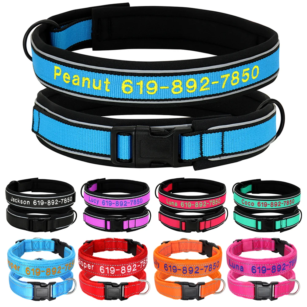 Personalized Embroidered Dog Collar Reflective Nylon Custom ID Name Accessories Pet Padded Collars For Small Medium Large Dogs