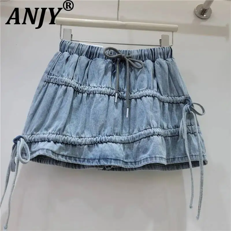 ANJY Spring Summer New Women Fashion Multi-Layer Drawstring Cake Skirt Elastic Waist Bandage Solid Color Ins Short Skirts A25901