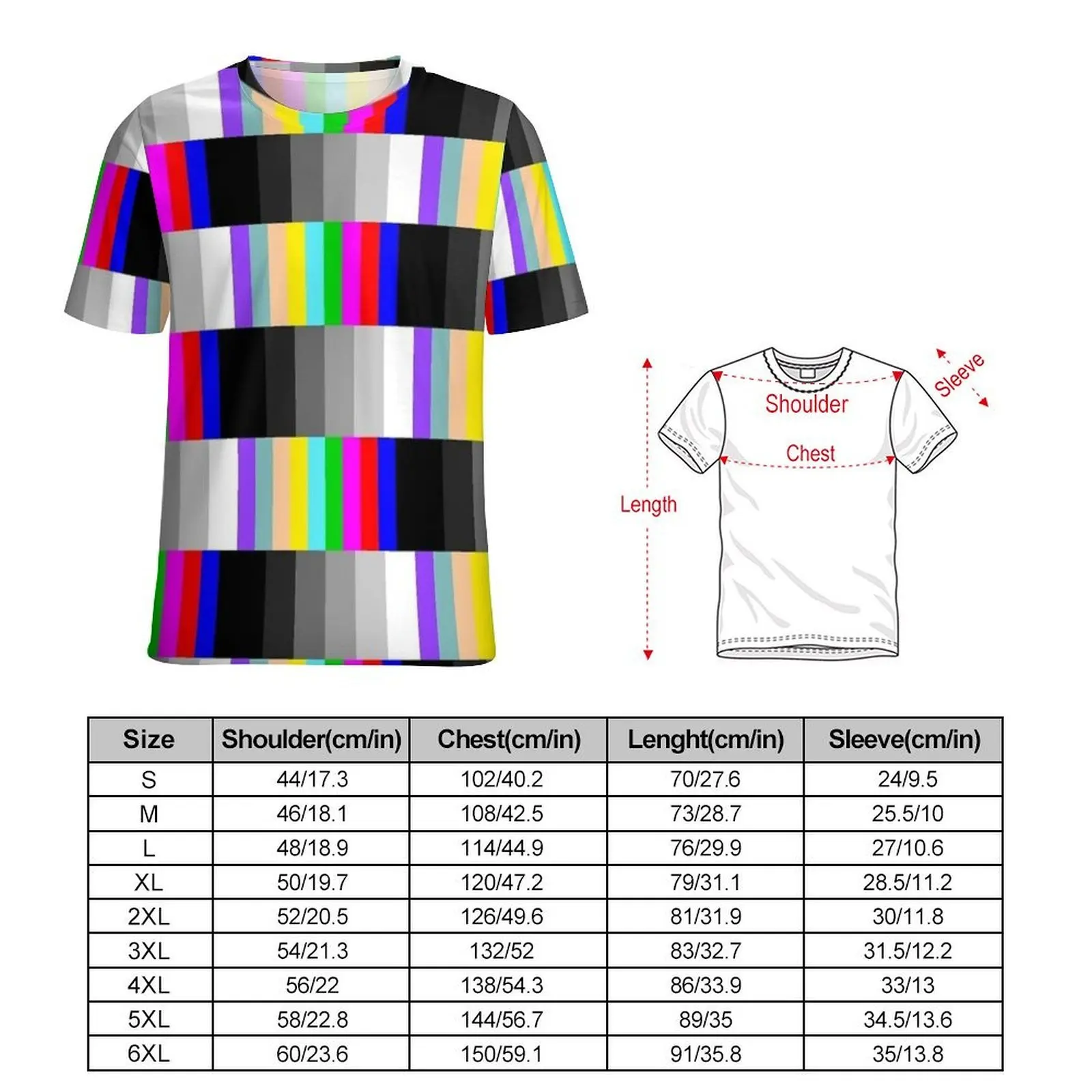 Summer T Shirt TV Color Bar Print T Shirts  Casual Hip Hop Tee Shirt For Male Short Sleeve Printed Oversized Clothes