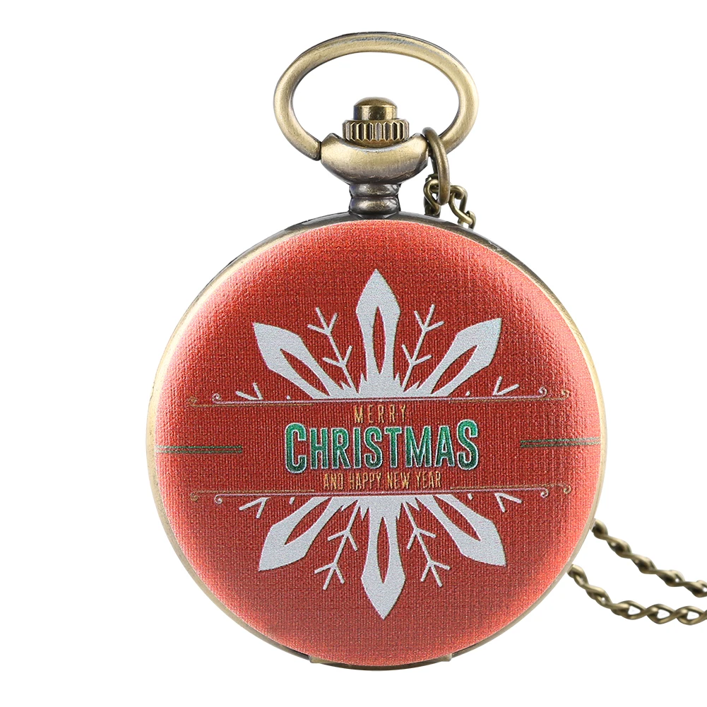 Merry Christmas and Happy New Year Red Printed Necklace Pocket Watch Quartz Arabic Numerals Dial Bronze Chain Pendant Clock Gift