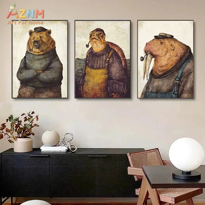 AZNM Vintage Gentleman Dressed Animal Portrait Frameless Canvas Poster Retro Rustic Study Room Decor Wall Art Print