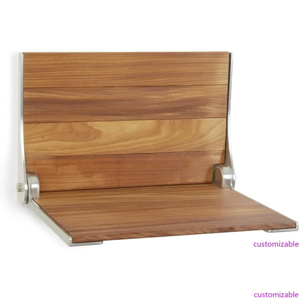 

Natural Teak Wood Folding Shower Seat Bench with Silver Frame Wall Mount